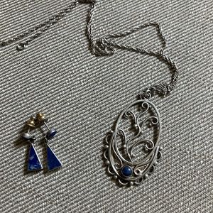 Sterling Silver and lapis necklace and pierced earrings